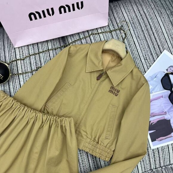 Miu Miu Camel Cropped Jacket & Gathered Mini Skirt Set Sz M